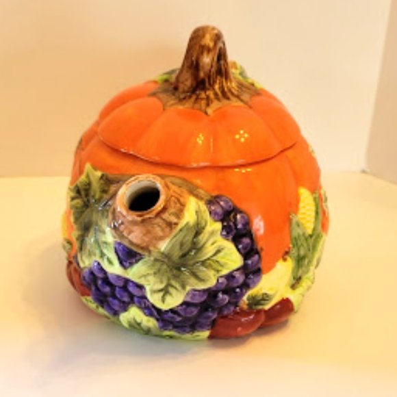 COLORFUL FALL AUTUMN PUMPKIN TEAPOT WITH FRUIT, VEGGIES, LEAVES - Picture 2 of 5